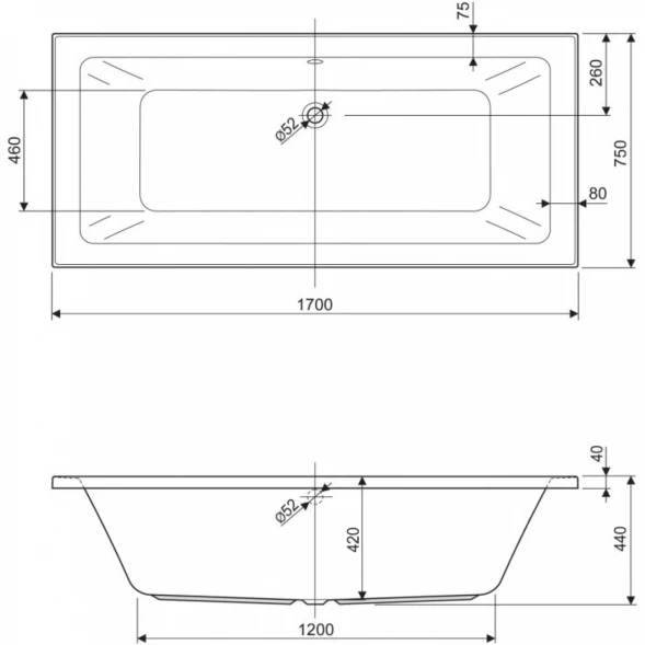 Акриловая ванна 170x75 см Cezares Plane mini PLANE MINI-170-75-42-W37