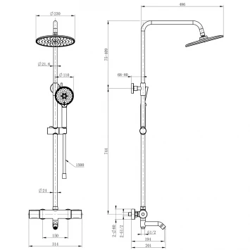 Душевая система Wonzon &amp; Woghand Inn 2 WW-A3006-T1-MB 230 мм, с термостатом, черный матовый