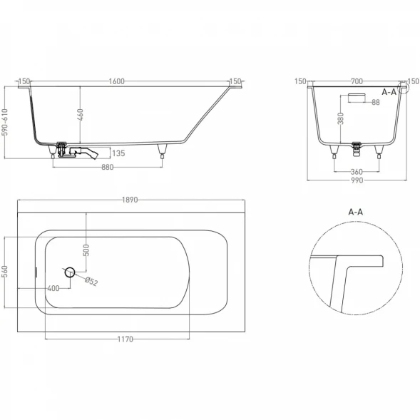 Ванна из литьевого мрамора Salini S-Sense Orlanda Kit Plus 102114MF 189x99 см, покраска по RAL матовый полностью