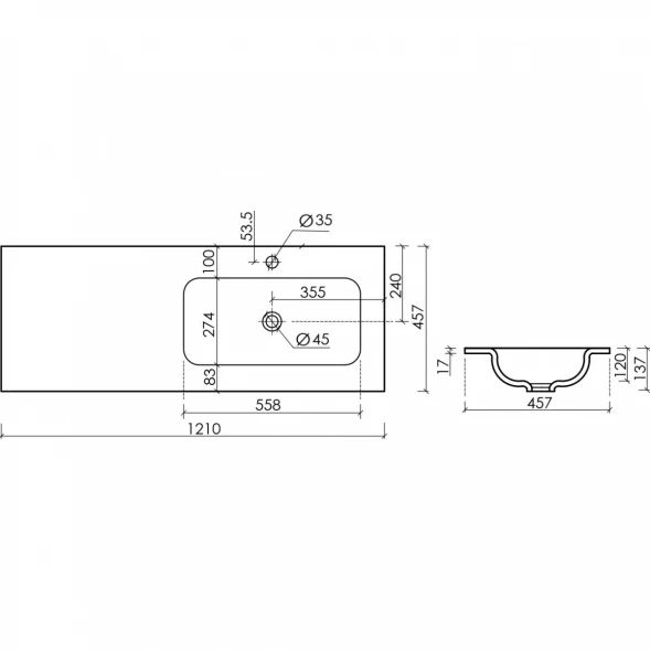 Раковина Ceramica Nova Grace CN7021 121x45,7 см R, накладная, белый