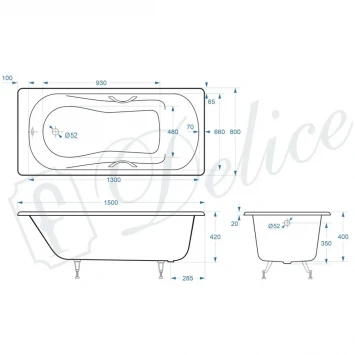 Ванна чугунная Delice Haiti Luxe DLR230636R 150x80 см, с отверстиями под ручки, белый