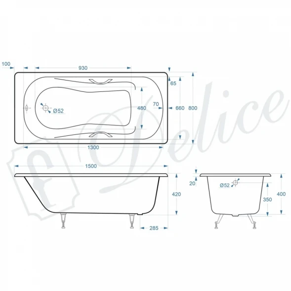 Ванна чугунная Delice Haiti Luxe DLR230636R 150x80 см, с отверстиями под ручки, белый