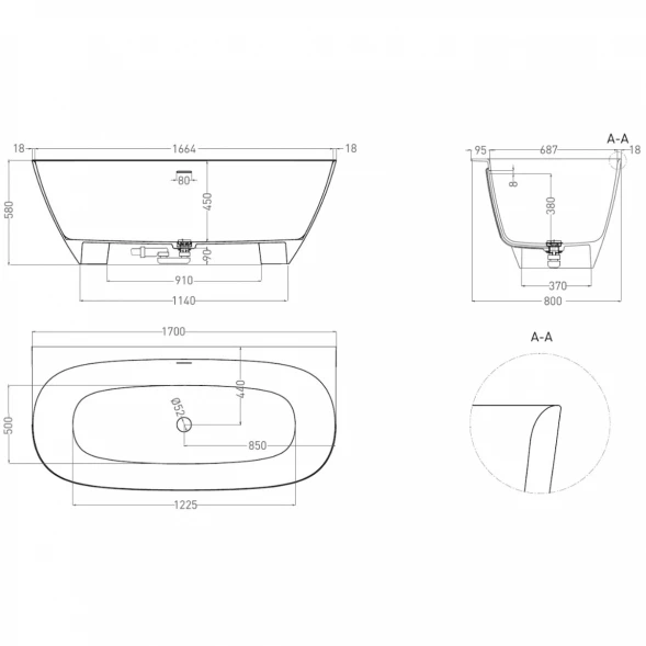 Ванна из литьевого мрамора Salini S-Sense Sofia Wall 102512G 170x80 см, белый глянец