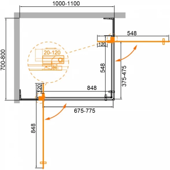 Душевой уголок Cezares Slider SLIDER-AH-2-70/80-100/110-BR-GM 100-110x70-80 см, профиль оружейная сталь матовый, стекло бронза