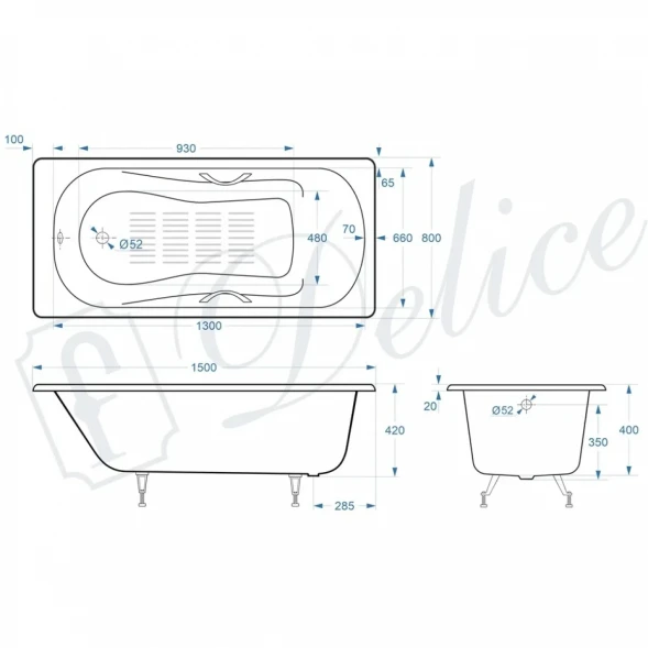 Ванна чугунная Delice Haiti Luxe DLR230636R-AS 150x80 см, с отверстиями под ручки, антискользящим покрытием, белый