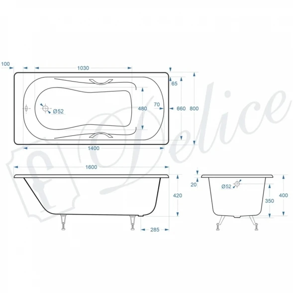 Ванна чугунная Delice Haiti Luxe DLR230637R 160x80 см, с отверстиями под ручки, белый