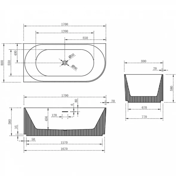 Акриловая ванна 170x80 см L Abber AB9329-1.7 L