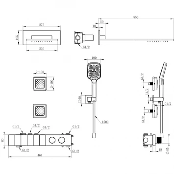 Душевой комплект Wonzon &amp; Woghand WW-D4538-A-CR 230 мм, с термостатом, хром