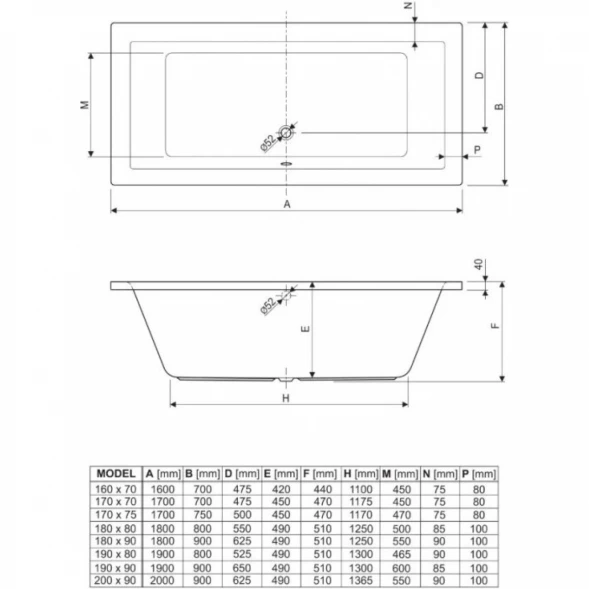 Акриловая ванна 170x70 см Cezares Plane PLANE-170-70-45-W37