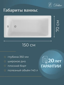 Ванна чугунная Delice Parallel DLR220503RB-AS 150x70 см, с ручками, антискользящим покрытием, белый