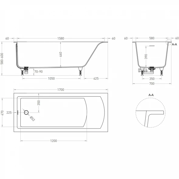 Ванна из литьевого мрамора Salini S-Sense Cascata Kit 104813M 170x70 см, белый матовый