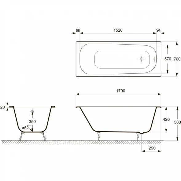 Ванна чугунная Delice Continental DLR230613R-AS 170x70 см, с отверстиями под ручки, антискользящим покрытием, белый