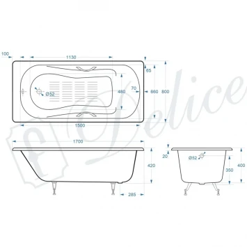 Ванна чугунная Delice Haiti Luxe DLR230638R-AS 170x80 см, с отверстиями под ручки, антискользящим покрытием, белый