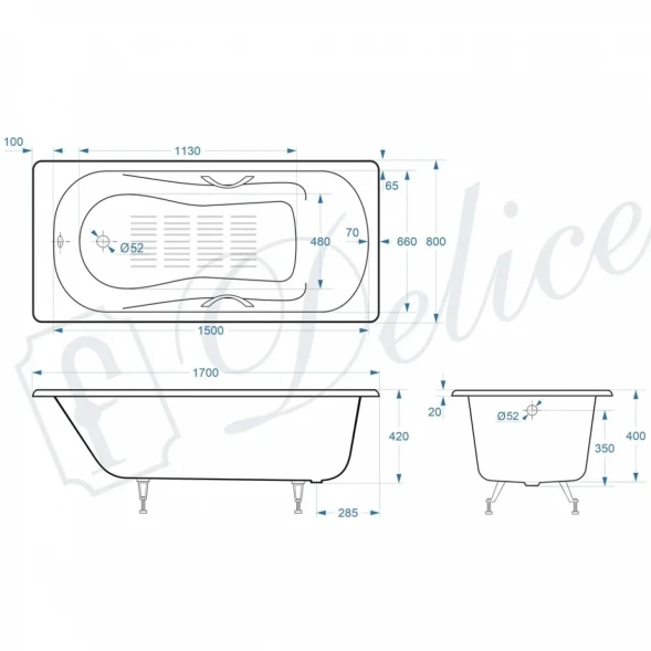 Ванна чугунная Delice Haiti Luxe DLR230638R-AS 170x80 см, с отверстиями под ручки, антискользящим покрытием, белый