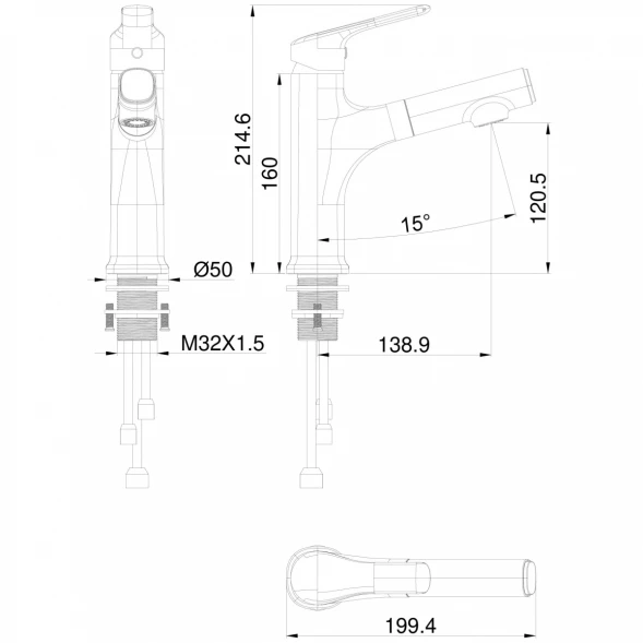 Смеситель для раковины Wonzon &amp; Woghand WW-AE4151-CR с выдвижным изливом, хром