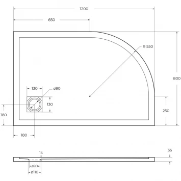 Душевой поддон BelBagno Uno TRAY-MR-UNO-RH-120/80-550-35-W-R-BO 120x80 см R, из литьевого мрамора, асимметричный, белый