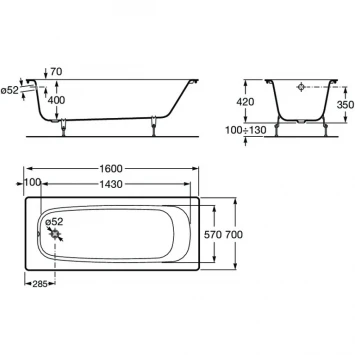 Ванна чугунная Roca Continental 21290200R 160x70 см, белый