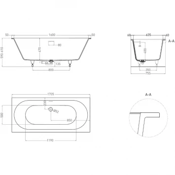 Ванна из литьевого мрамора Salini S-Sense Ornella Axis Kit 103513GF 170,5x75,5 см, покраска по RAL глянец полностью