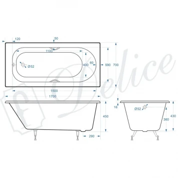 Ванна чугунная Delice Grace DLR230643R 170x70 см, с отверстиями под ручки, белый