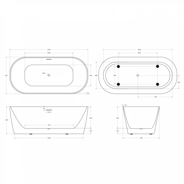Акриловая ванна BelBagno BB415-1700-800 170x79,5 см, отдельностоящая, белый