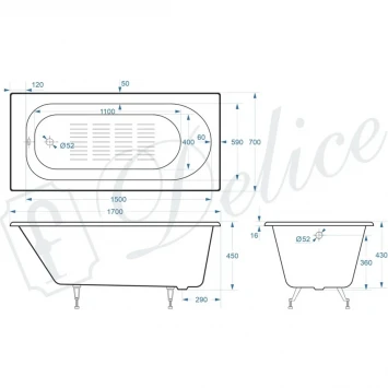 Ванна чугунная Delice Grace DLR230643R-AS 170x70 см, с отверстиями под ручки, антискользящим покрытием, белый