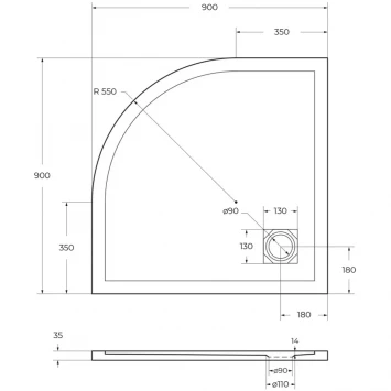 Душевой поддон BelBagno Uno TRAY-MR-UNO-R-90-550-35-W-NO 90x90 см, из литьевого мрамора, четверть круга, белый