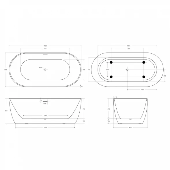Акриловая ванна BelBagno BB413-1700-800 170x80 см, отдельностоящая, белый