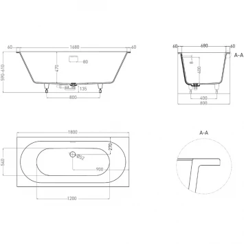 Ванна из литьевого мрамора Salini S-Sense Ornella Axis Kit 103511MF 180x80 см, покраска по RAL матовый полностью