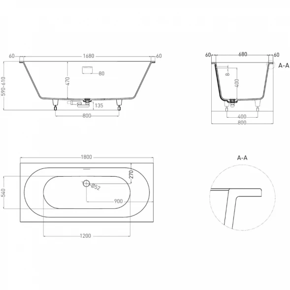Ванна из литьевого мрамора Salini S-Sense Ornella Axis Kit 103511MF 180x80 см, покраска по RAL матовый полностью