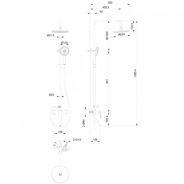 Душевая система Wonzon &amp; Woghand Line WW-AE3354-BG 224 мм, со смесителем, золотой матовый